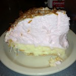 Coconut cream — Norma's Cafe, Frisco, Texas (9/26/12) 4 (Gravely disappointing. I found the restaurant on roadfood.com, and the pie looked good, but the pink meringue was too sweet and too overwhelming. And the crust was mediocre.)