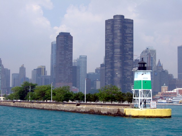 Chicago Harbor Southeast Guidewall Light with Lake Point Tower in the background